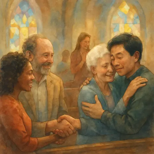 Two Catholics embraced in reconciliation in church, putting into practice the teaching of Matthew 5:23.